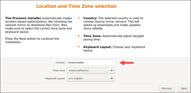 Select location and time zone.